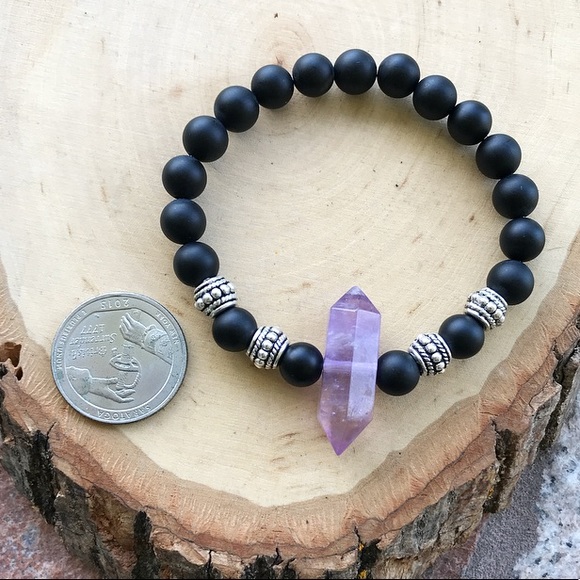 Amethyst bead bracelet . Genuine double point amethyst crystal & onyx gemstones - Picture 7 of 9